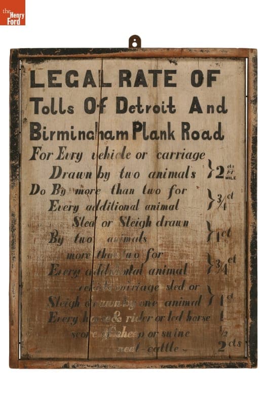 Sign Noting Toll Rates for the Detroit and Birmingham Plank Road, 1844-1850