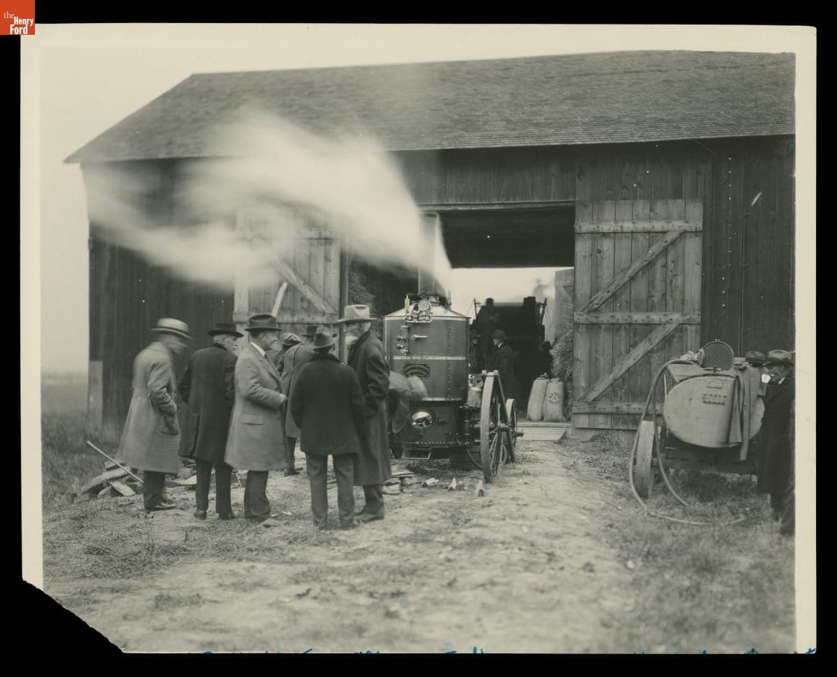 James Gleason, Henry Ford and Others with Westinghouse Portable Steam Engine No. 345 at Ford Homestead, circa 1920