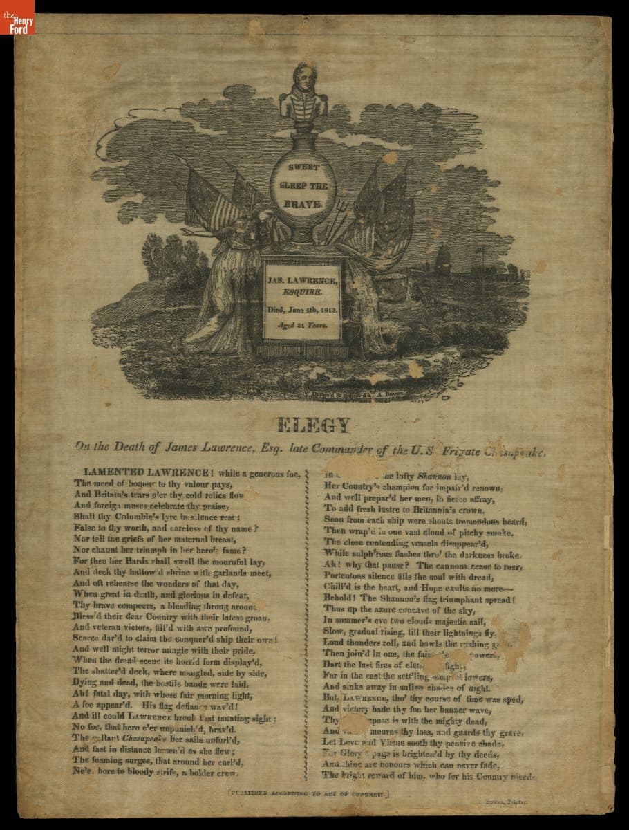 Elegy: On the Death of James Lawrence, Esq. late Commander of the U.S. Frigate Chesapeake, 1813