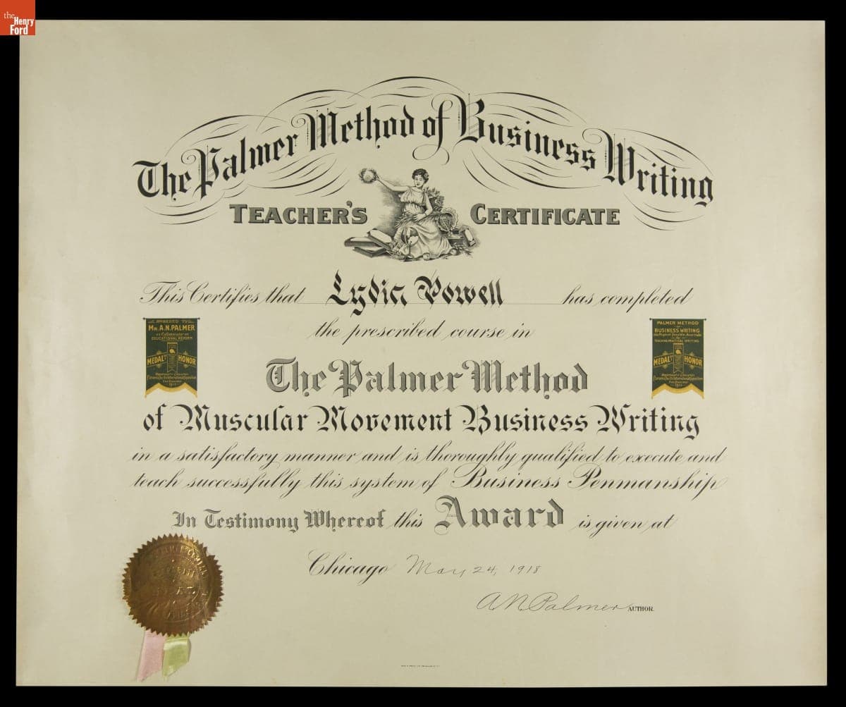 The Palmer Method of Business Writing Teacher's Certificate Awarded to Lydia Powell, May 24, 1918