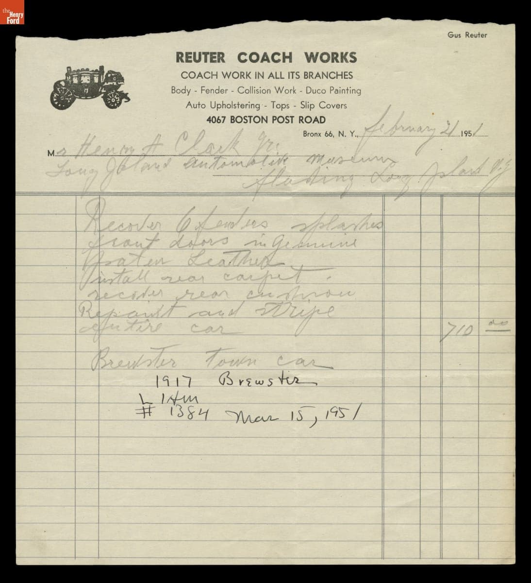 Invoice for Restoration Work on a 1917 Brewster Town Car, 1951
