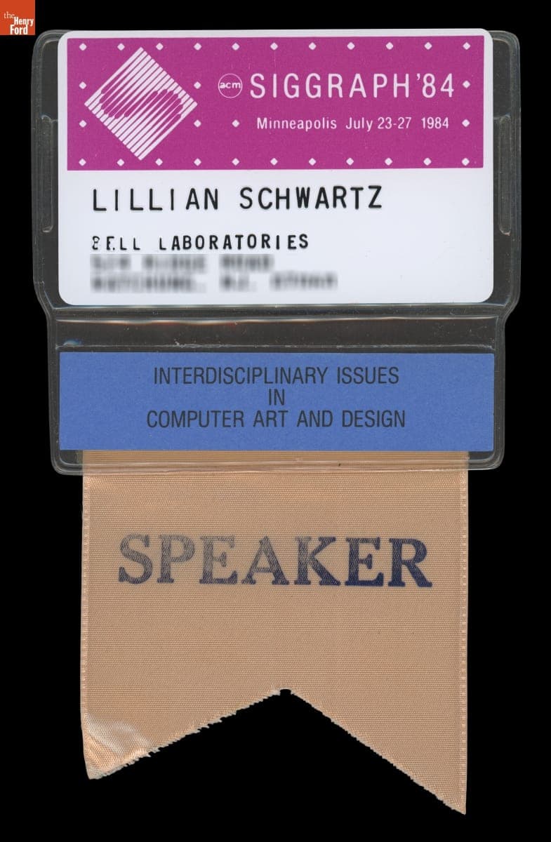 Flight Details, Instructions and Speaker Badge for Lillian Schwartz's Lecture at SIGGRAPH Conference, 1984