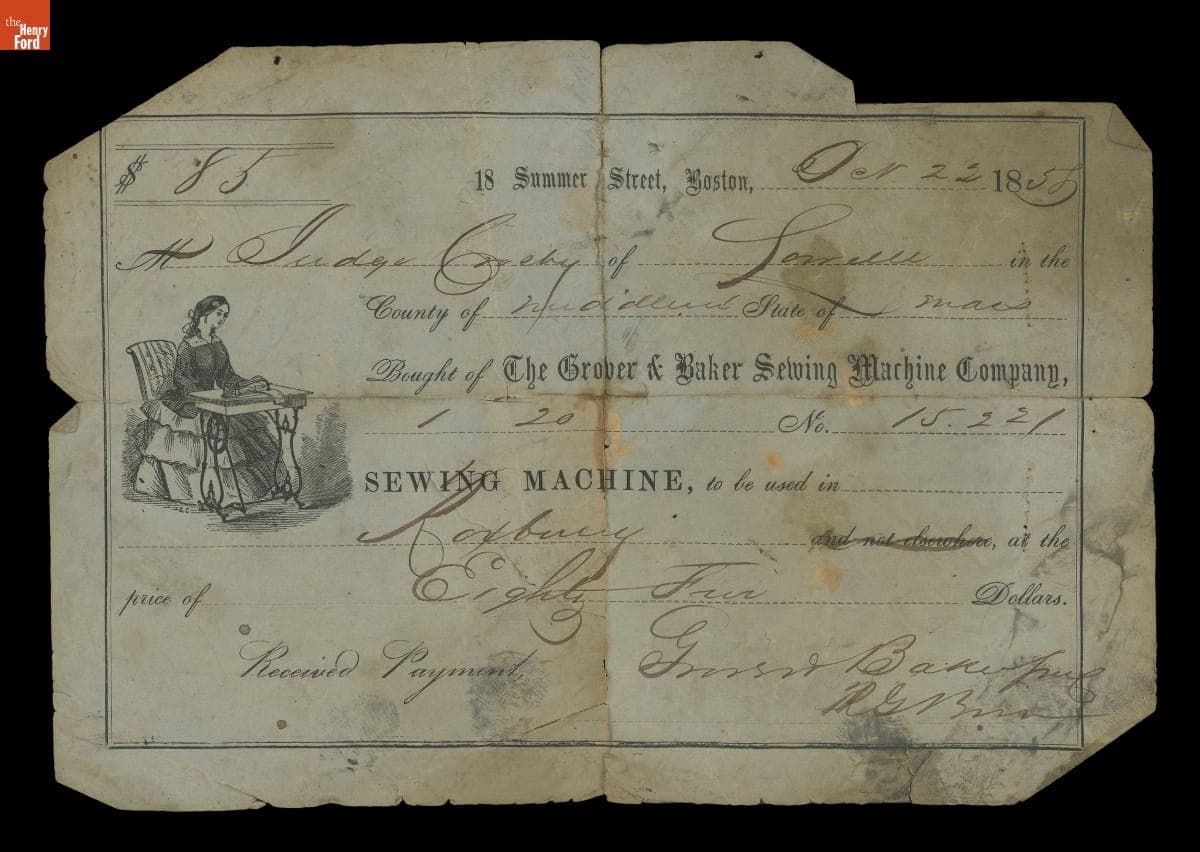 Receipt for Grover & Baker Portable Sewing Machine Purchased by Judge Nathan Crosby, October 22, 1858