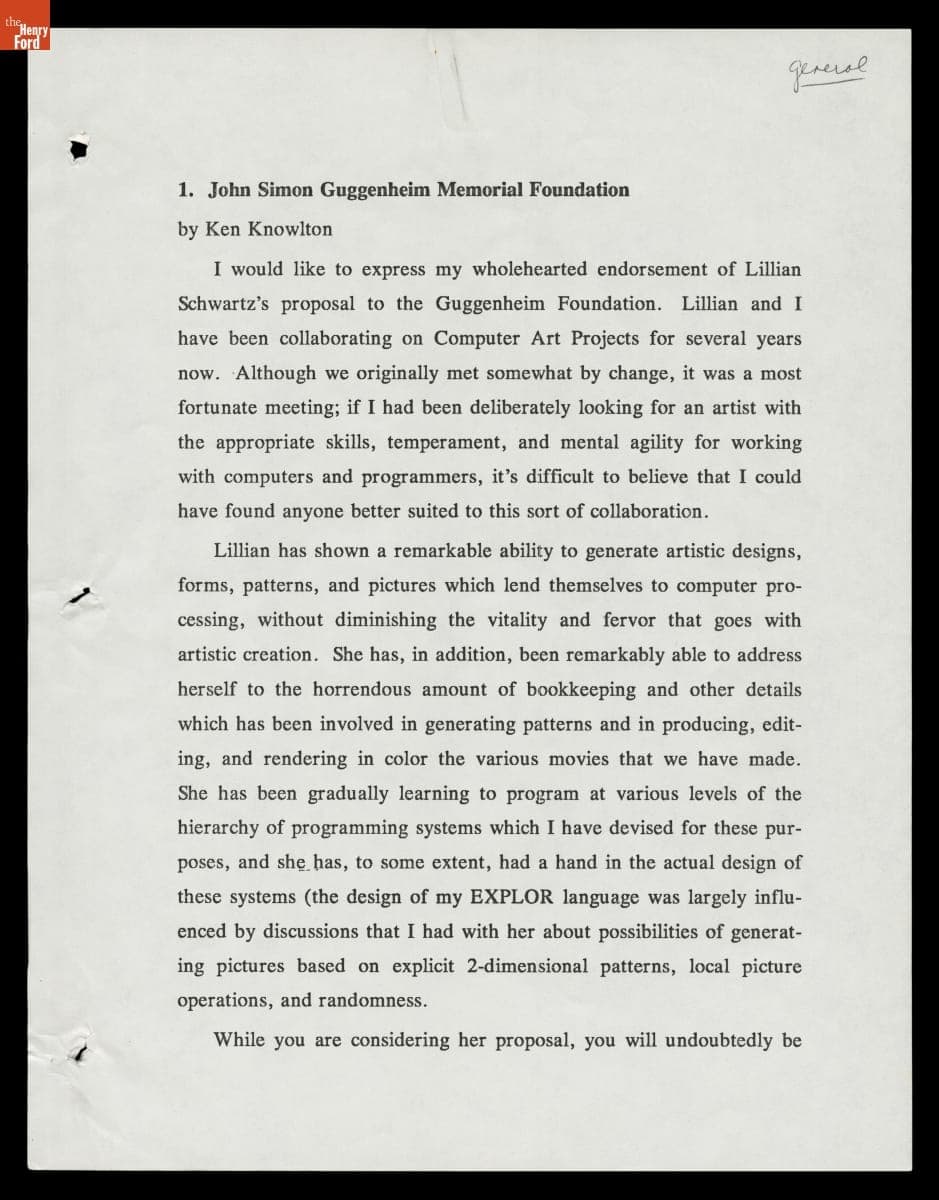 Recommendation by Ken Knowlton for Lillian Schwartz's Proposal to the John Simon Guggenheim Memorial Foundation, circa 1973