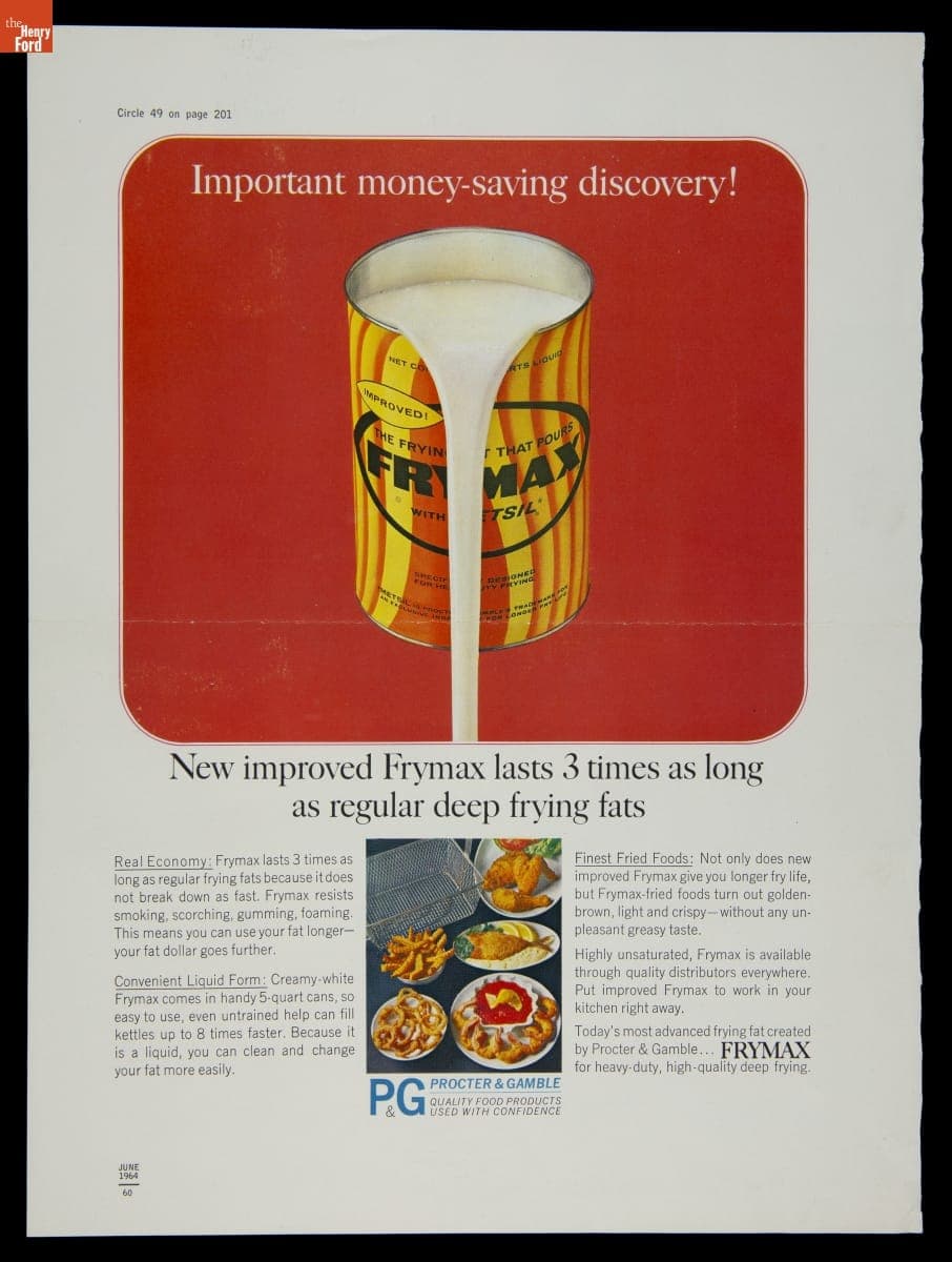 "New Improved Frymax Lasts 3 Times as Long as Regular Deep Frying Fats," June 1964