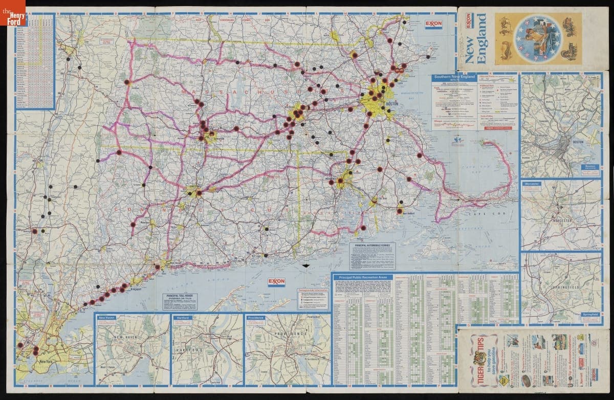 1975 New England Road Map with Locations of Diners Indicated