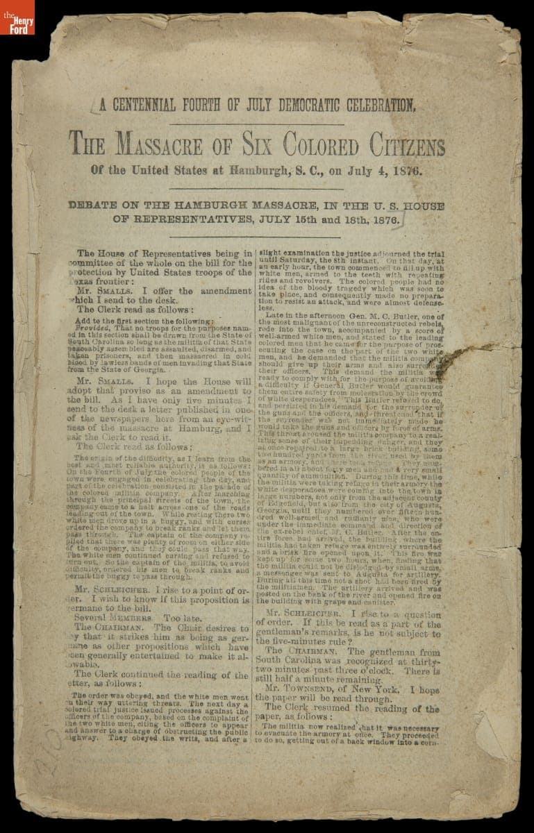 "A Centennial Fourth of July Democratic Celebration," and United States Congress Debate on the Hamburgh Massacre, 1876