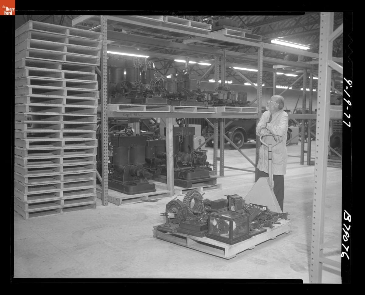 Employee Robert Springer in Storage Building, Henry Ford Museum, 1977