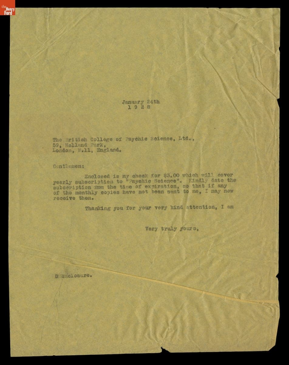 Letter to the British College of Psychic Science, January 24, 1928