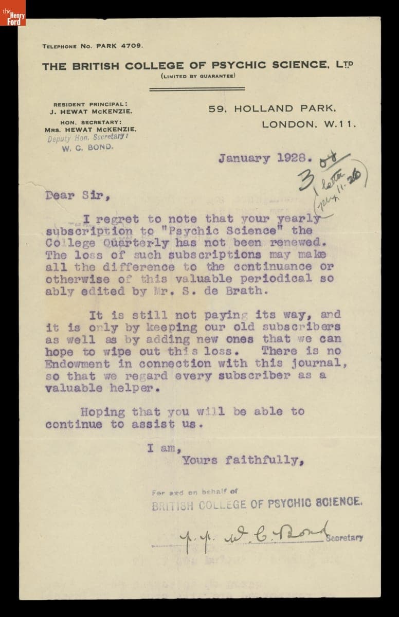 Letter from the British College of Psychic Science, January 1928
