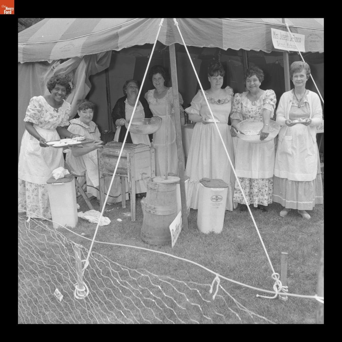 Pauline Taylor and Other Employees at Butter Churning and Breadmaking Tent at Greenfield Village Country Fair, May 1971