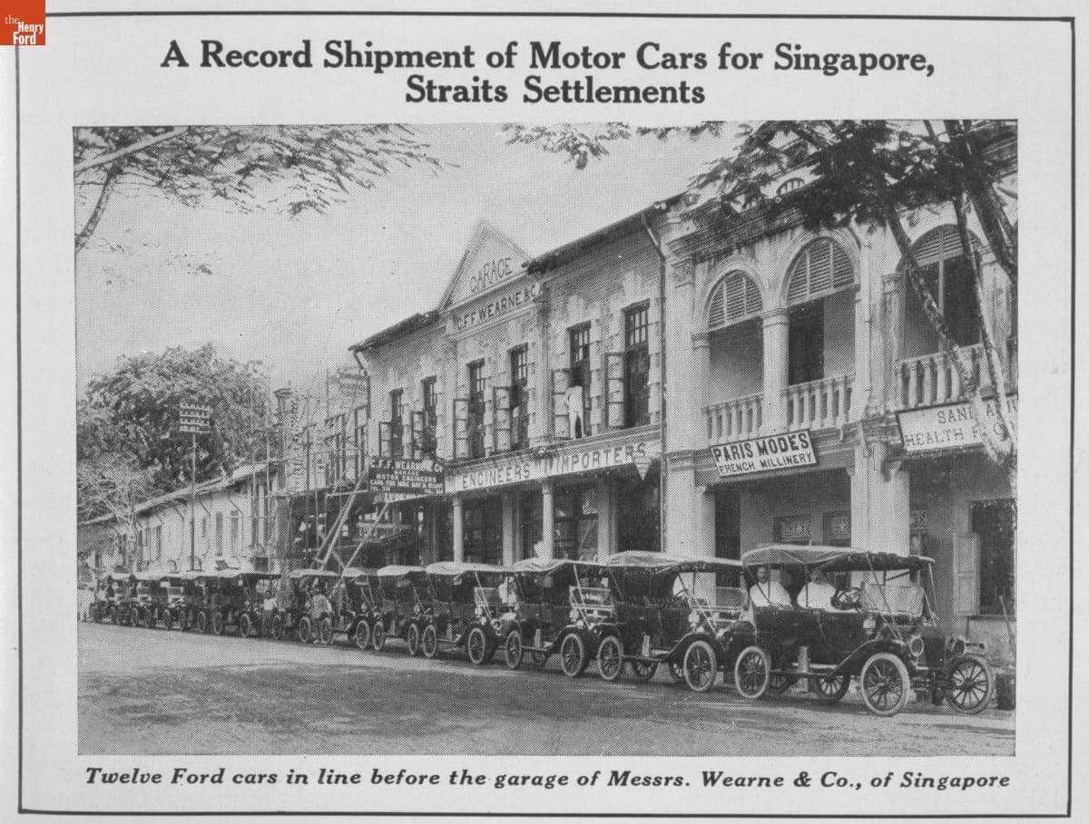 Ford Model Ts outside Wearne & Co. Dealership, Singapore, 1912