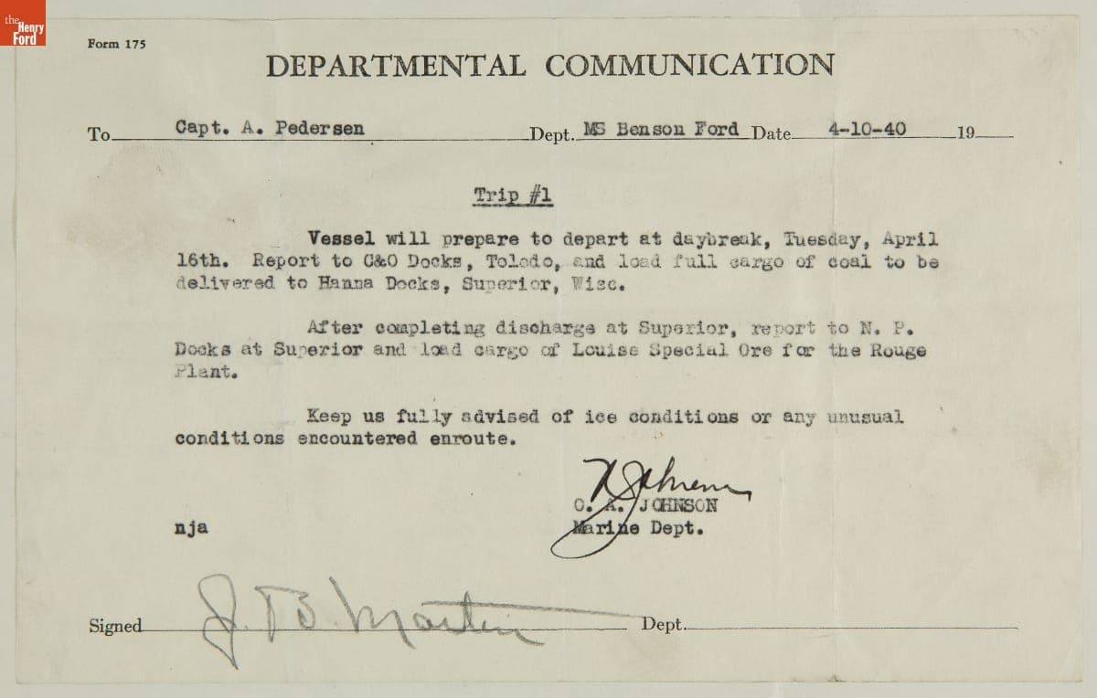 Ship's Log for MS Benson Ford, Trip 1, April 16-24, 1940