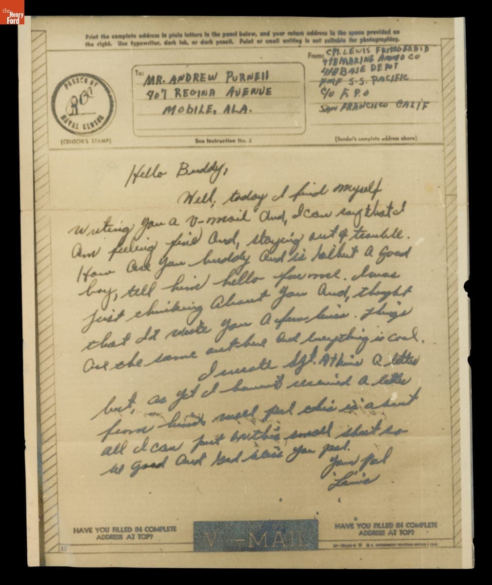 V-Mail Letter from Lewis Fitzgerald to Andrew Purnell