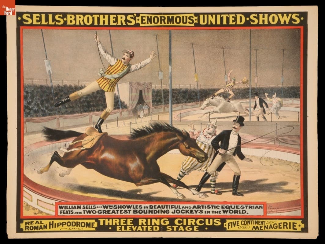 Circus Poster, Sells Brothers Enormous United Shows, Equestrians in Three Ring Circus, circa 1890