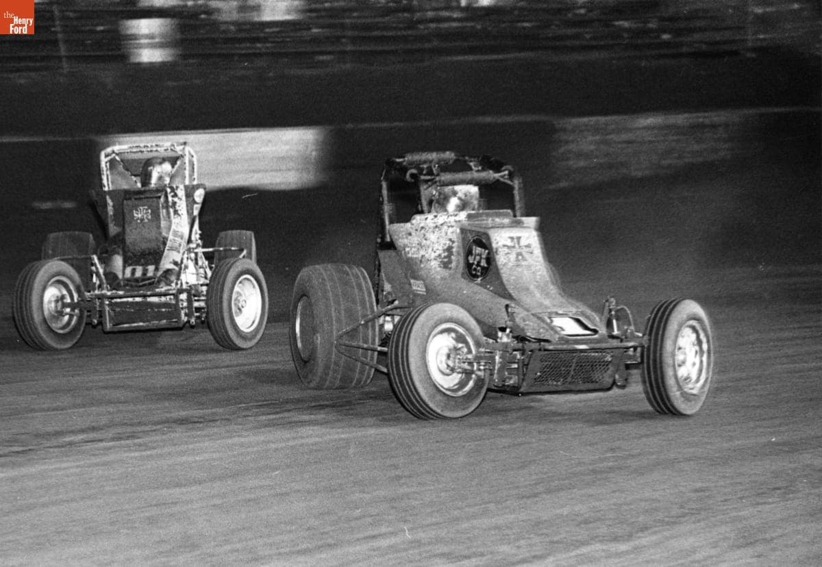 Jimmy Oskie and Lealand McSpadden Skidding in Sprint Cars, Ascot Park, Califonia, June 14, 1980