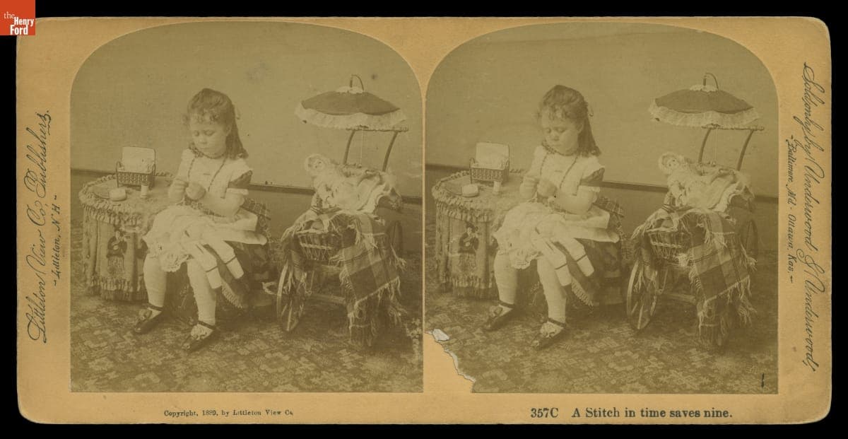 Little Girl Sewing with Her Dolls, "A Stitch in Time Saves Nine," 1889