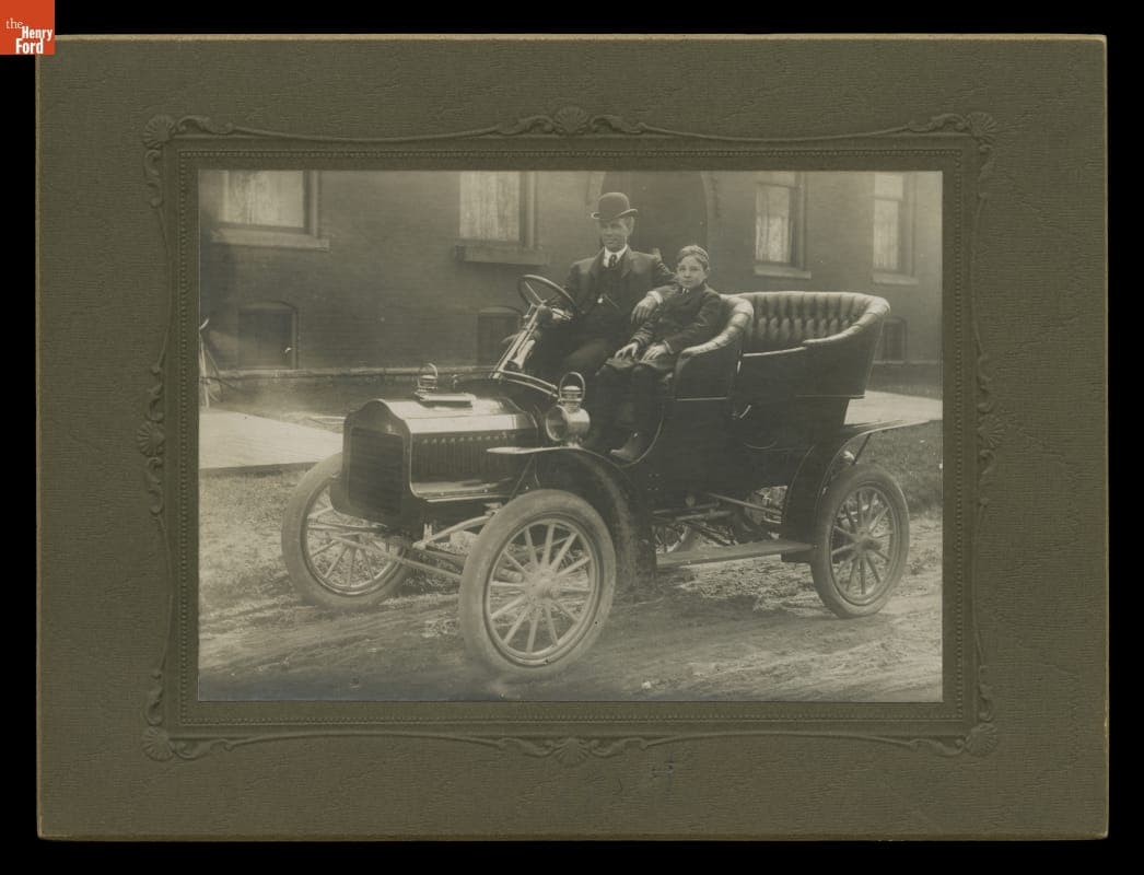 Henry Ford and Edsel Ford in a Ford Model F, Detroit, Michigan, 1905