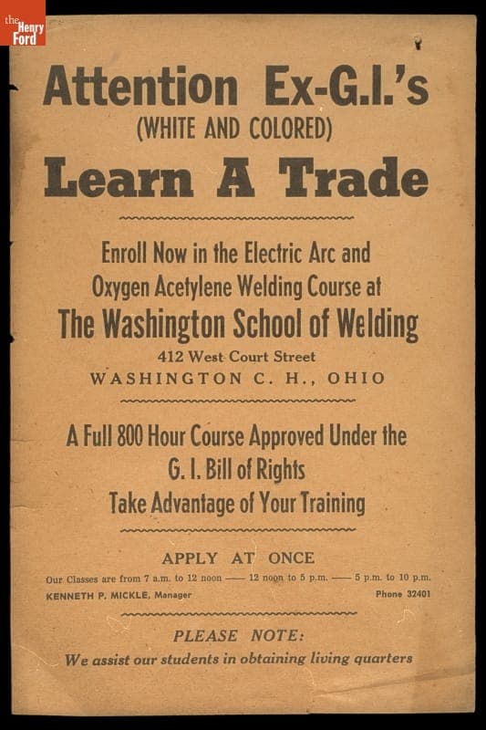 Notice of a Welding Course Approved Under the G.I. Bill of Rights, "Attention Ex-G.I.'s (White and Colored) Learn a Trade," circa 1948