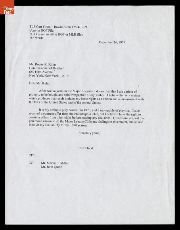 Copy of a Letter from Curt Flood to Baseball Commissioner Bowie Kuhn Requesting Free Agency, December 24, 1969