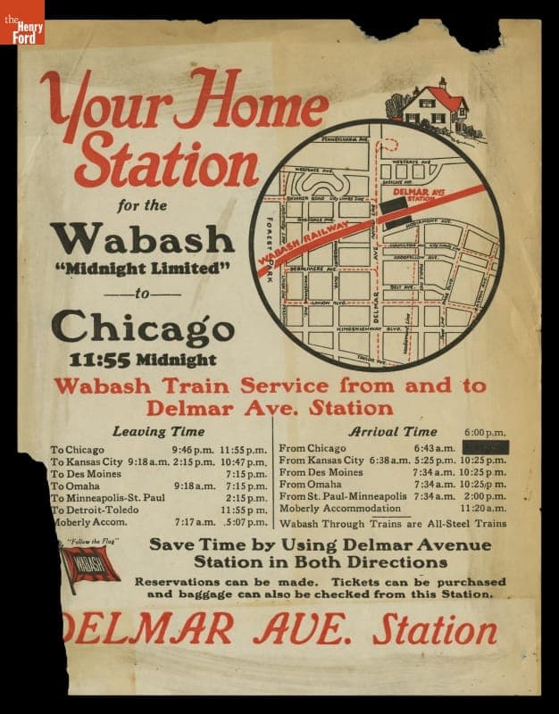 Handbill and Timetable for Wabash Railway's "Midnight Limited," Leaving from Delmar Avenue Station, St. Louis, Missouri, 1929