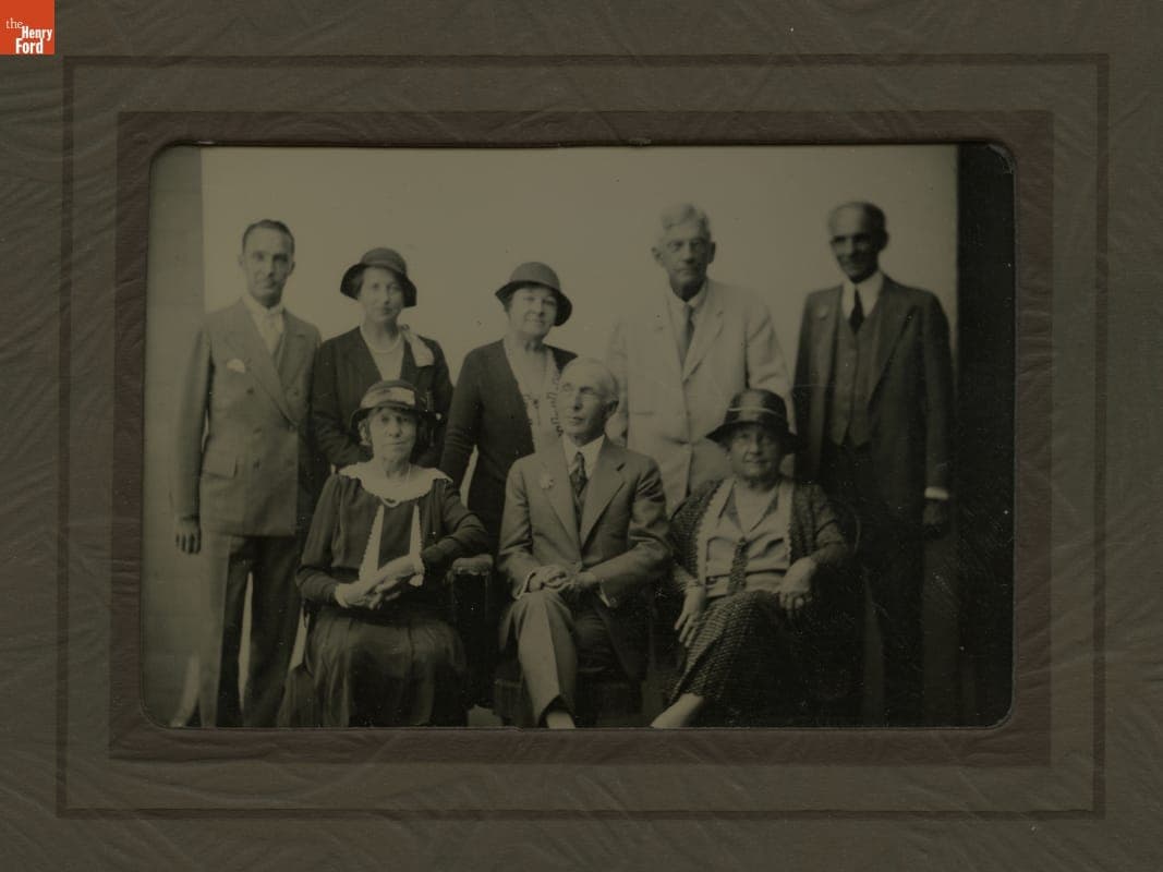 Edsel, Eleanor, Clara and Henry Ford with Guests at Greenfield Village Tintype Studio, 1929-1930