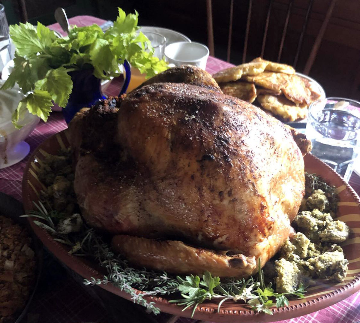 A roast turkey is served at Firestone Farm in Greenfield Village.