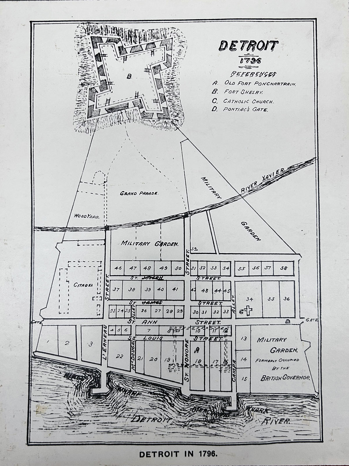 A map of Detroit as it was drawn in 1796.