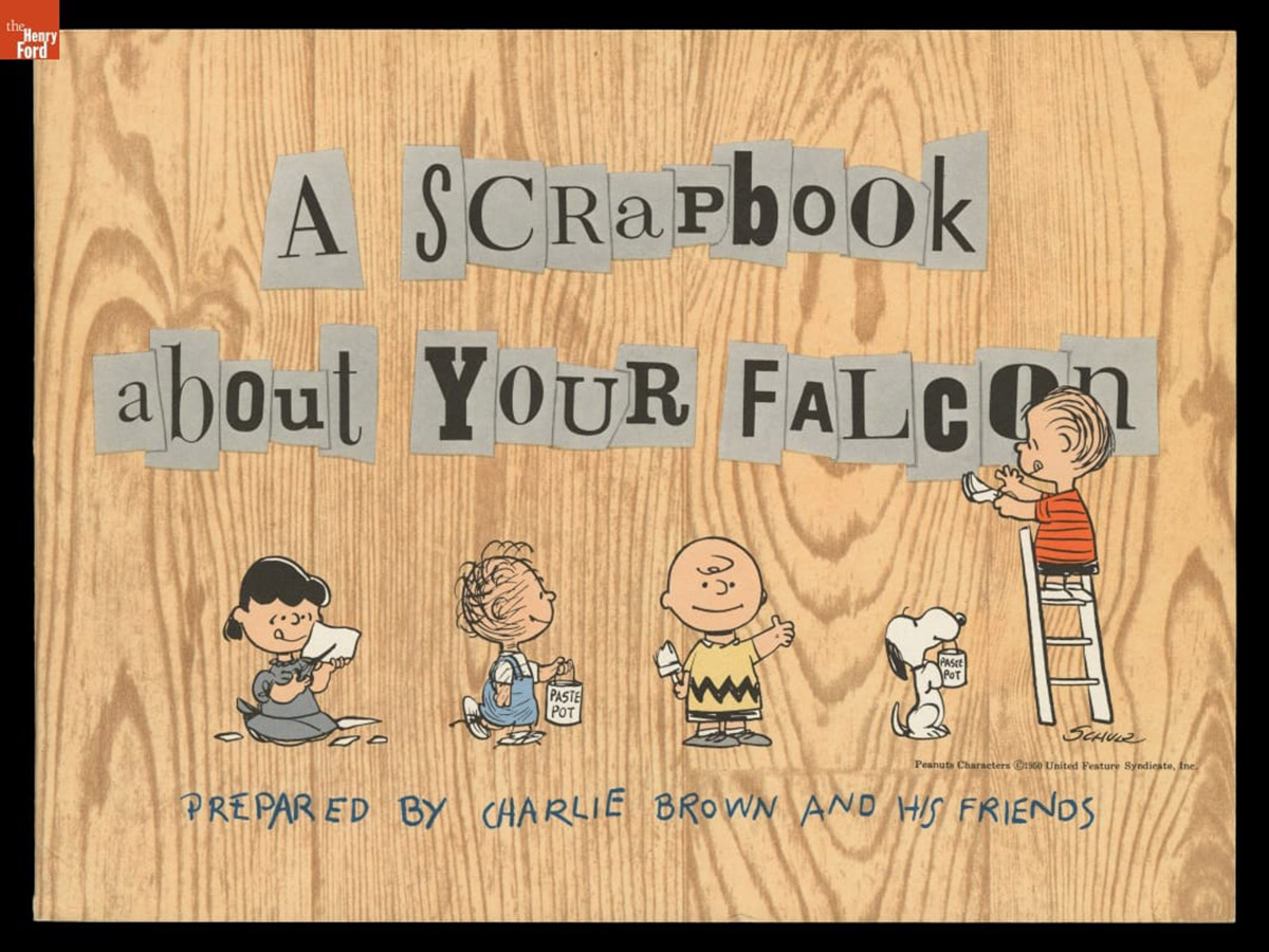 'A Scrapbook about Your Falcon, Prepared by Charlie Brown and His Friends,' including characters from the 'Peanuts' comic strip, 1962. Illustrations by Charles Schulz.