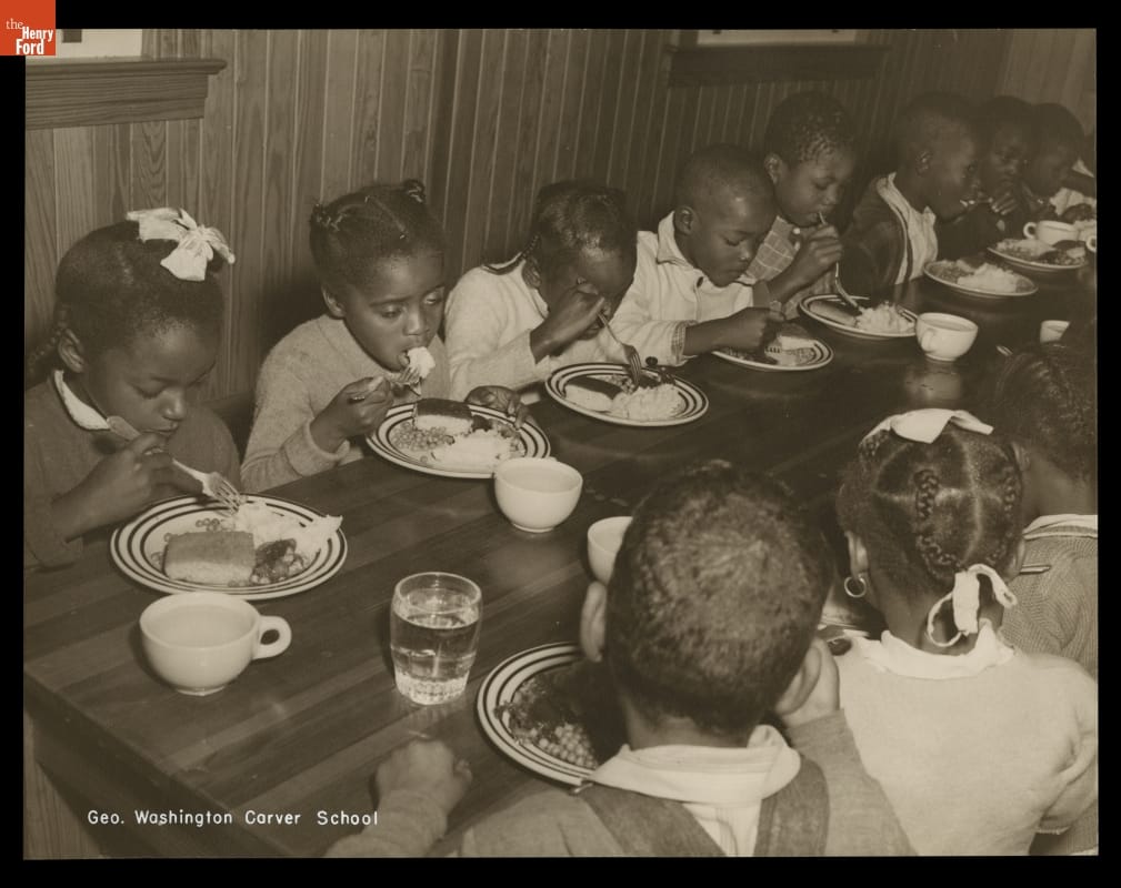  Elementary school children in the cafeteria at the George Washington Carver School, near Richmond Hill, Georgia, circa 1947
