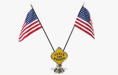 Yellow hood ornament reading "Votes for Women" with 2 miniature American flags protruding from it