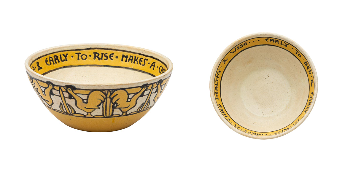 Child’s “motto” bowl, designed by Edith Brown, decorated by Fannie Levine, “Early to Bed & Early to Rise, Makes a Child Healthy & Wise,” dated January 1909