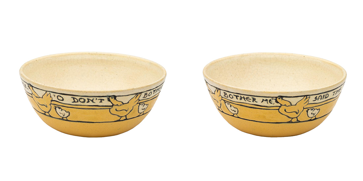 Child’s “motto” bowl, designed by Edith Brown, decorated by Lili Shapiro, “O Don’t Bother Me