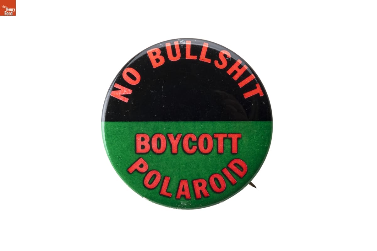 'No Bullshit: Boycott Polaroid' Button, circa 1970-1975, created by the Polaroid Revolutionary Workers Movement.
