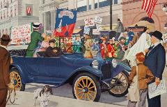 Woman and little girl standing up in the back of a car and cheering a passing women's suffrage parade, while male driver crosses arms and looks grumpy