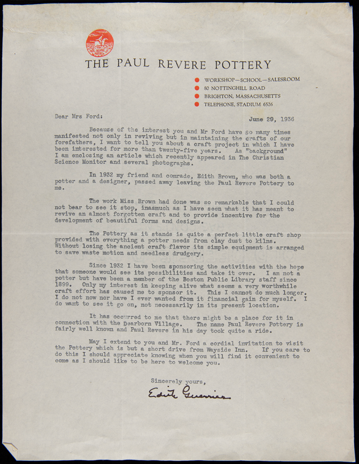 Letter from Edith Guerrier to Clara Ford, June 29, 1936