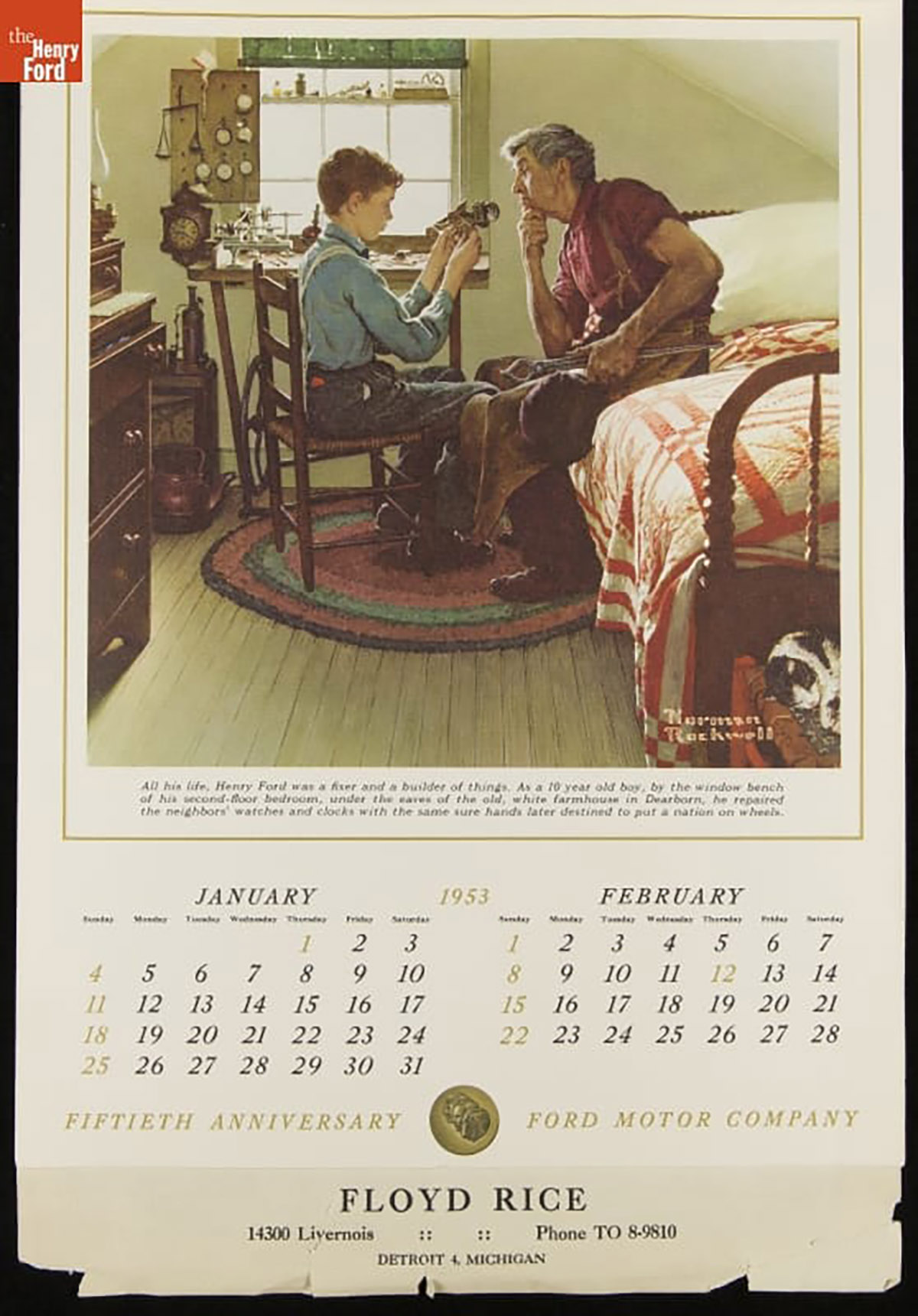 Ford Motor Company Fiftieth Anniversary Calendar, Advertising Ford Dealer Floyd Rice, Detroit, Michigan, 1952-1953. Illustration by Norman Rockwell.