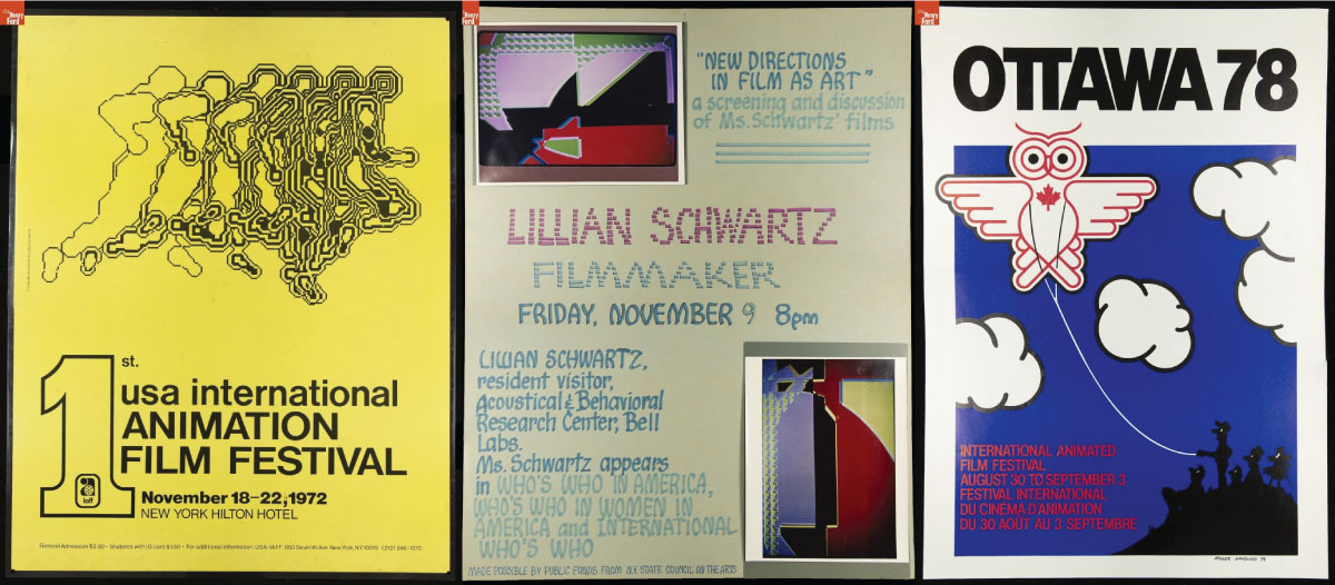 Posters for First International Animation Film Festival, 1972, New Directions in Film as Art, 1981, and Ottawa 78: International Animated Film Festival, 1978