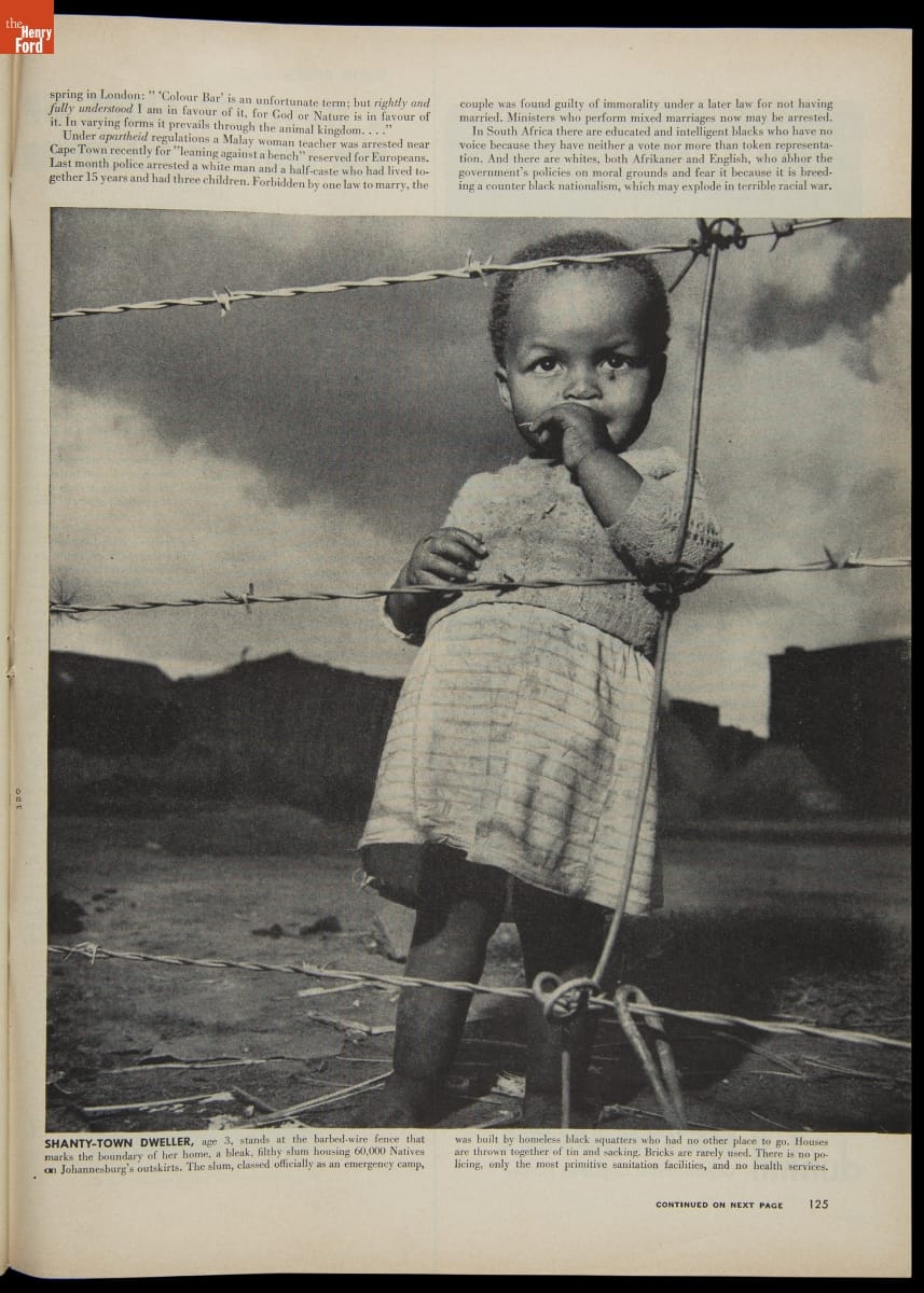 A girl, age 3, shown in the shantytown where she lived with her family on the outskirts of Johannesburg. From the September 18, 1950, issue of Life magazine.