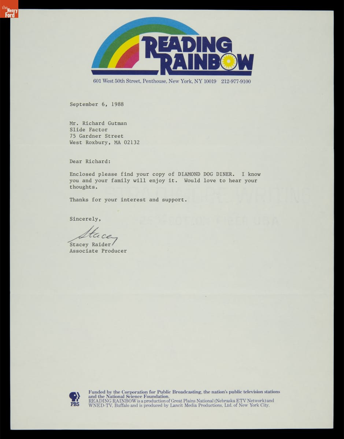 A typed letter to Mr. Richard Gutman featuring the Reading Rainbow logo at the top