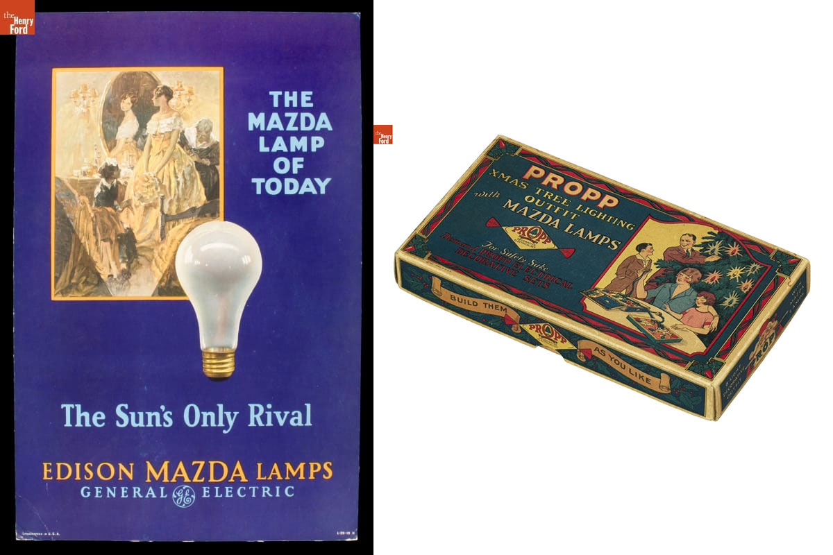 Advertising Poster for Edison Mazda Lamps, 'The Mazda Lamp of Today, the Sun's Only Rival,' circa 1925 | Propp Xmas Tree Lighting Outfit with Mazda Lamps' Packaging, 1927