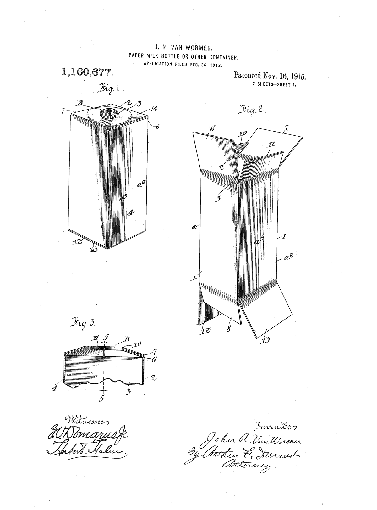 John Van Wormer, “Paper Milk Bottle,” Application 1912, U.S. Patent, November 1915