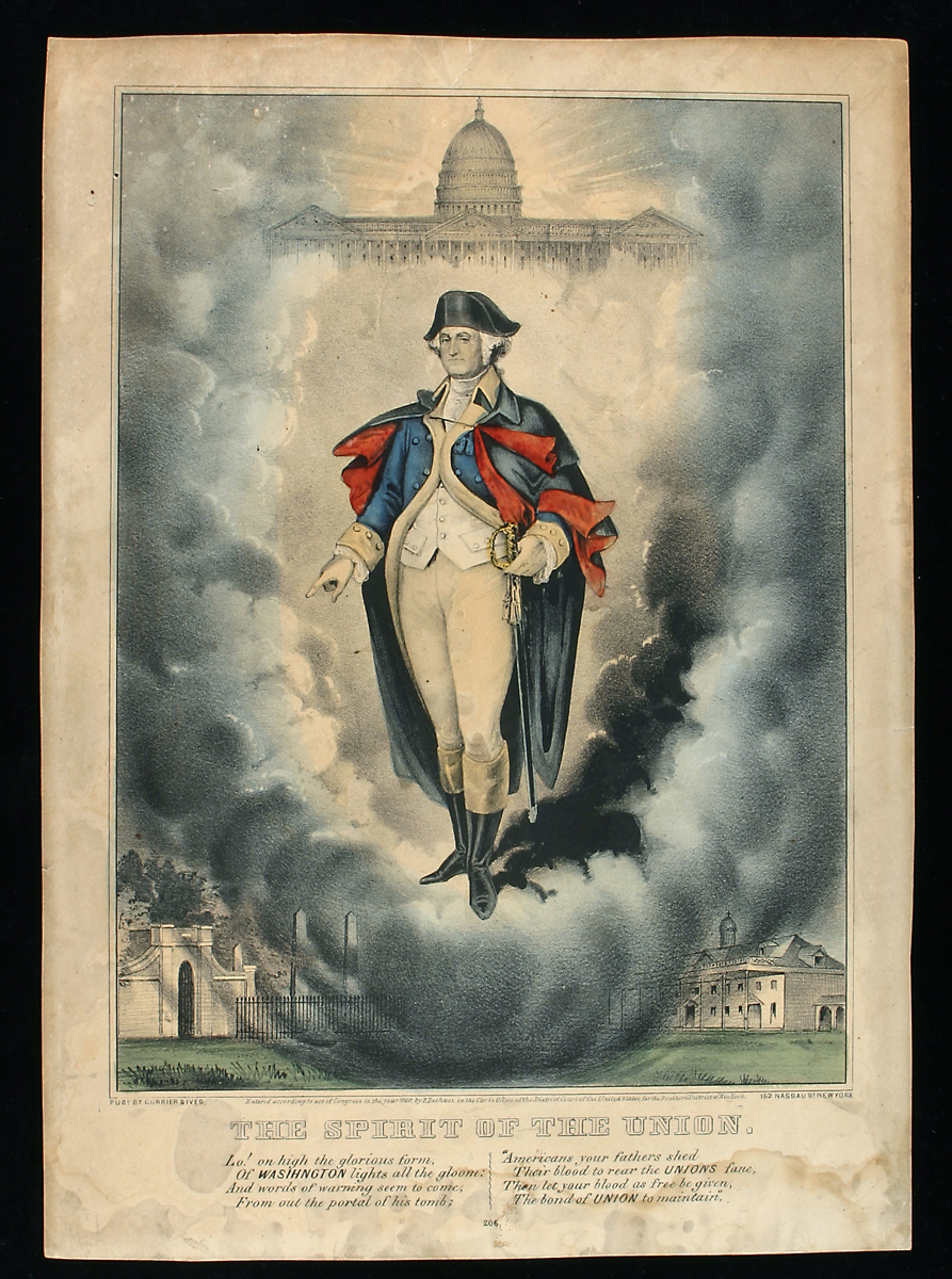 Historical-style portrait of George Washington, depicted in front of the White House under a bright sky, accompanied by the phrase “The Spirit of the Union” symbolizing national unity.