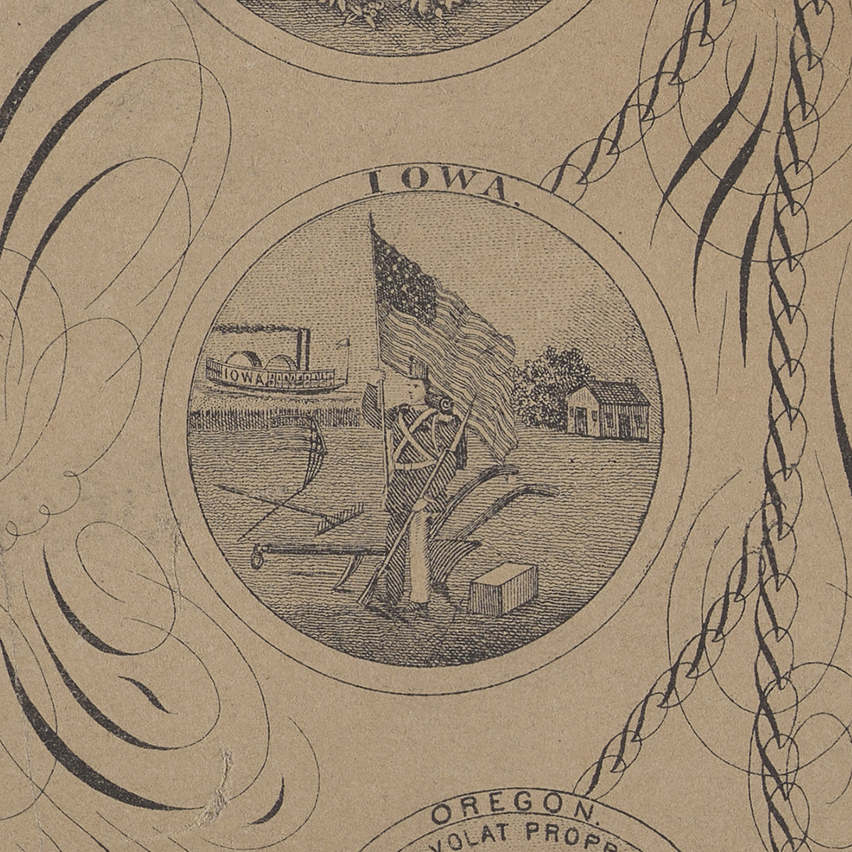 Artwork featuring thirty-five state seals and one territorial seal arranged in the design. This one show case the state of IOWA with George Washinton holding American flag with War attire.