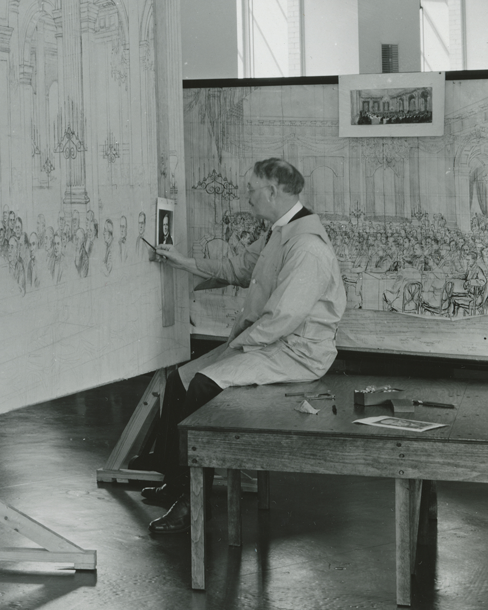 Irving Bacon Works on the Painting of Light's Golden Jubilee, January 17, 1938.