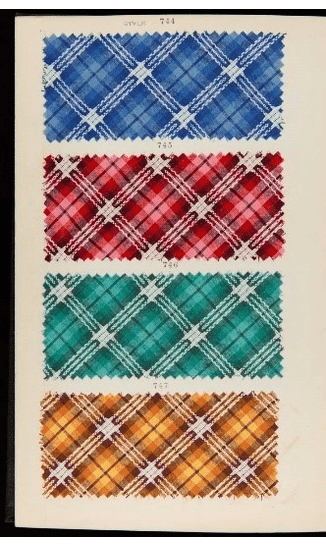 GIF cycling through two sheets each containing four rectangular fabric samples in plaids and geometric patterns; also contains typed or printed numbers