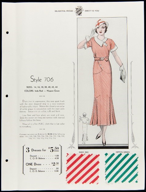 Sheet with illustration of woman in hat and striped dress; text; two square swatches of striped fabric