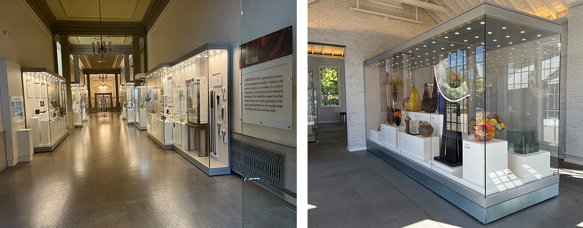 two images of tall glass cases filled with decorative glass art