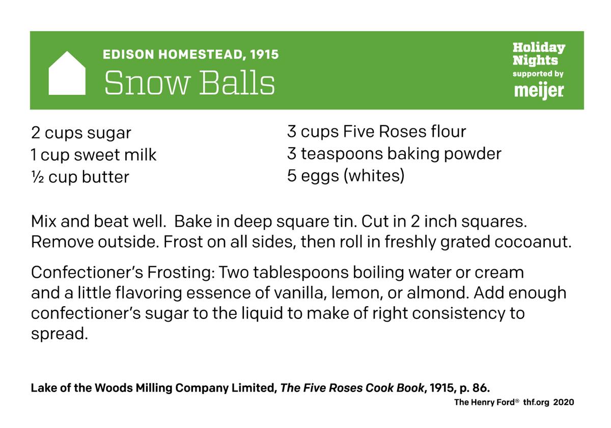 Snow Balls Recipe Card from Holiday Nights in Greenfield Village, 2020 Recipe card with text