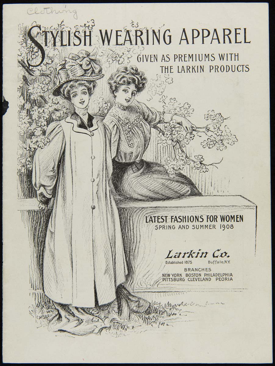 Drawing of two women wearing hats, one standing wearing a long coat and one seated in a blouse and skirt; also contains text